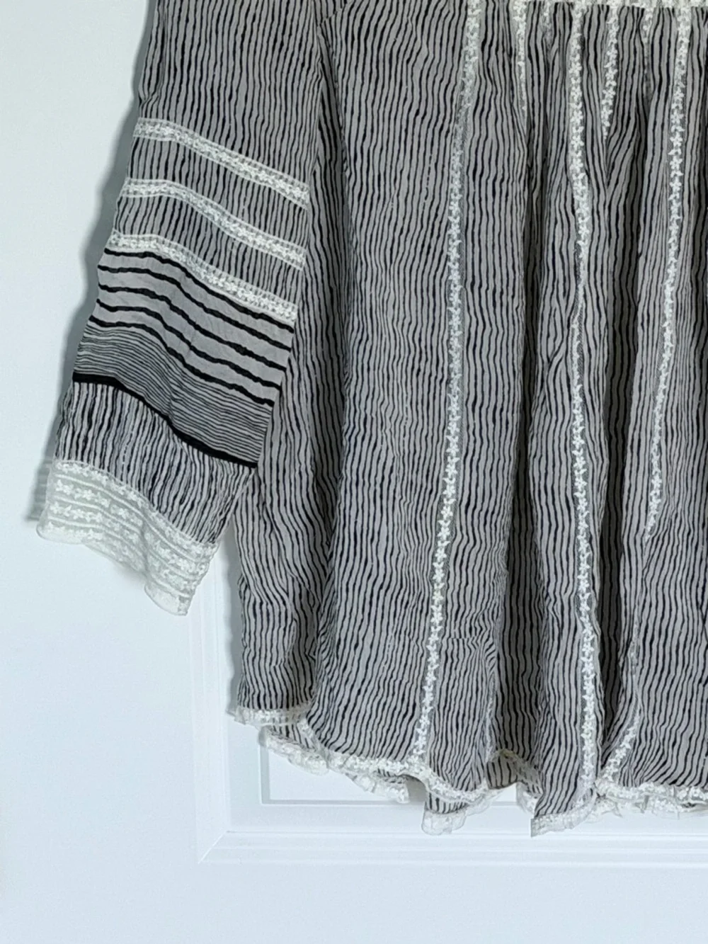 Anthropologie Floreat Black Reina Pleated Lace Striped Blouse Large 39636